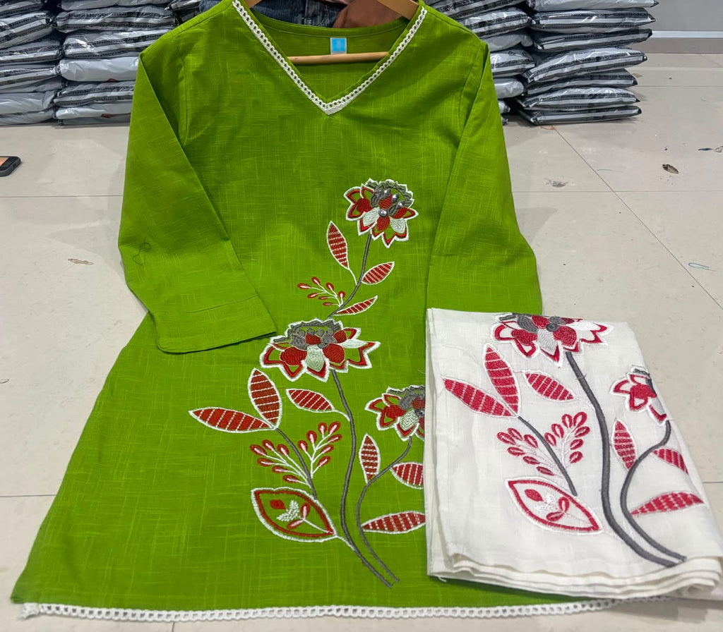 Women's Cotton Slub Floral Embroide Kurti Pant Co-Ord Set