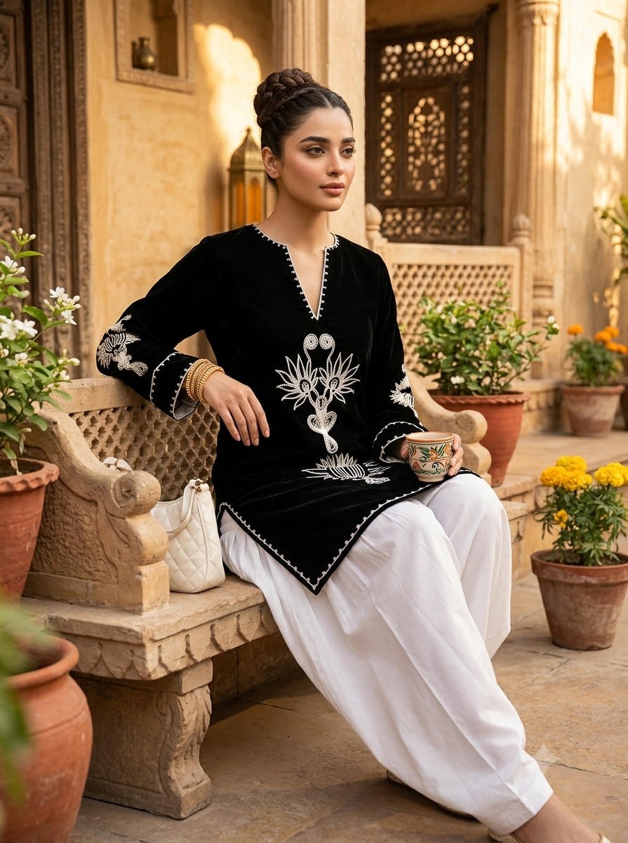 Women's Pure Cotton EmbroideBLK Kurta with Farshi Salwar Set