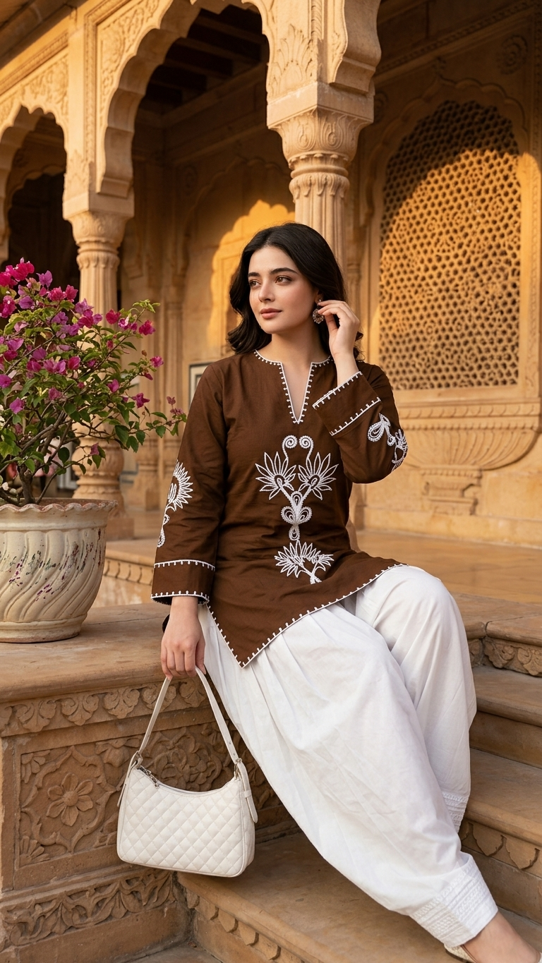 Women's Pure Cotton EmbroideBRN Kurta with Farshi Salwar Set
