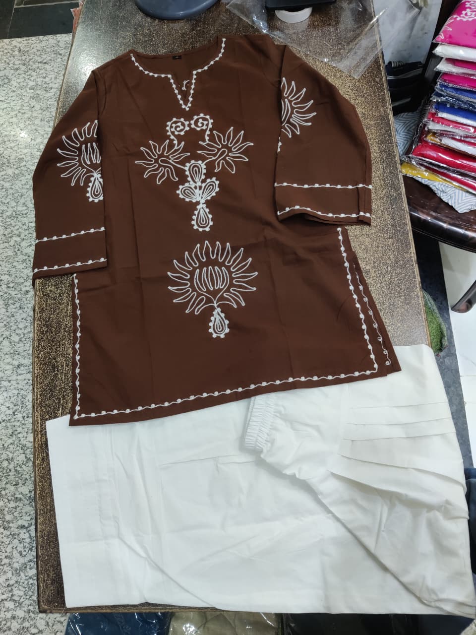 Women's Pure Cotton EmbroideBRN Kurta with Farshi Salwar Set
