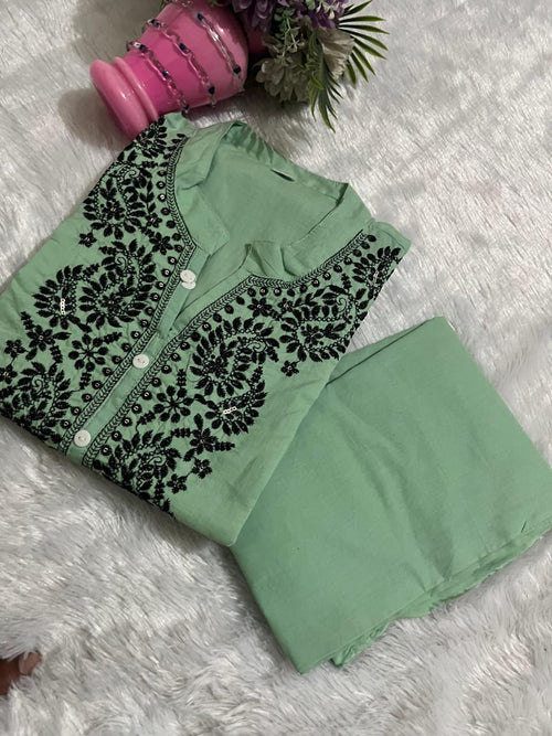Embroide Pure Cotton Kurti with Afghani Pant – Mint Set