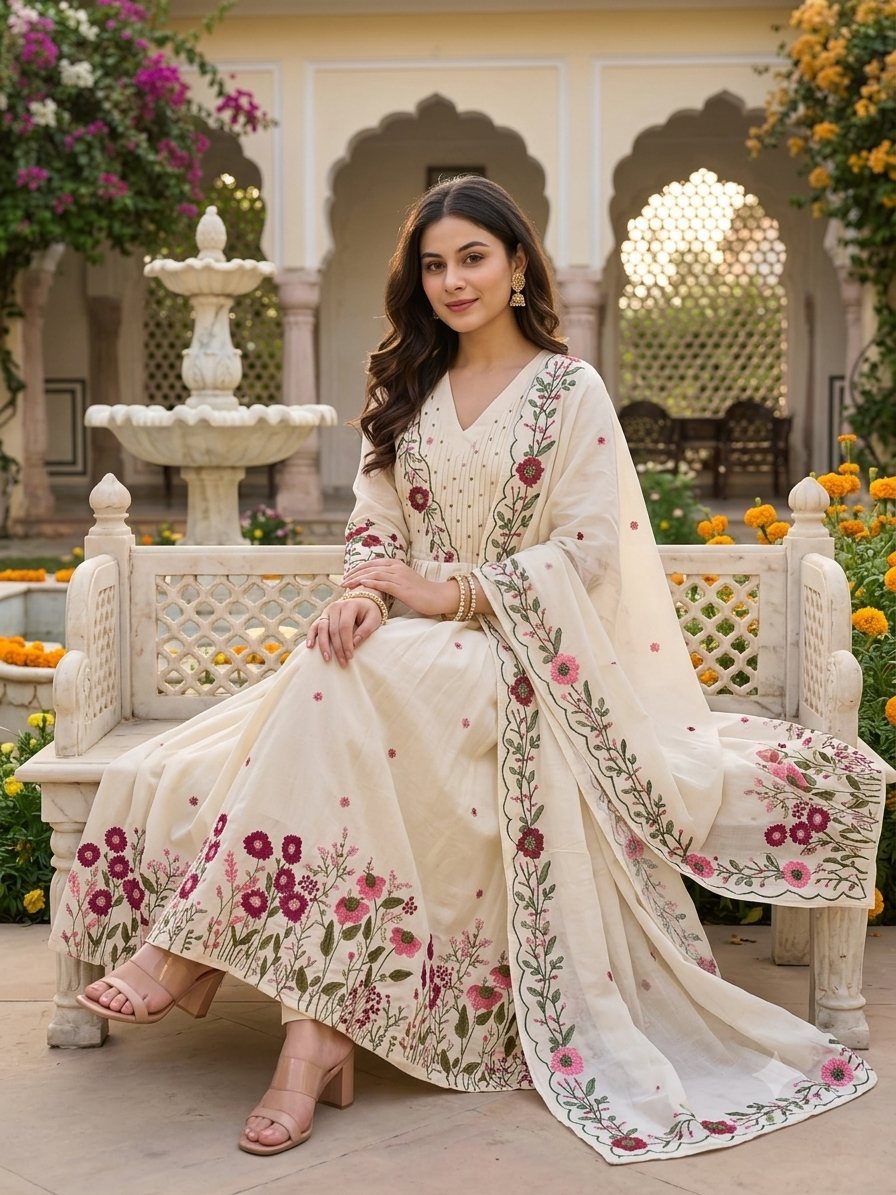 Women's Premium Pure Cotton Fla Anarkali Kurta Pant & Embroide Dupatta Set