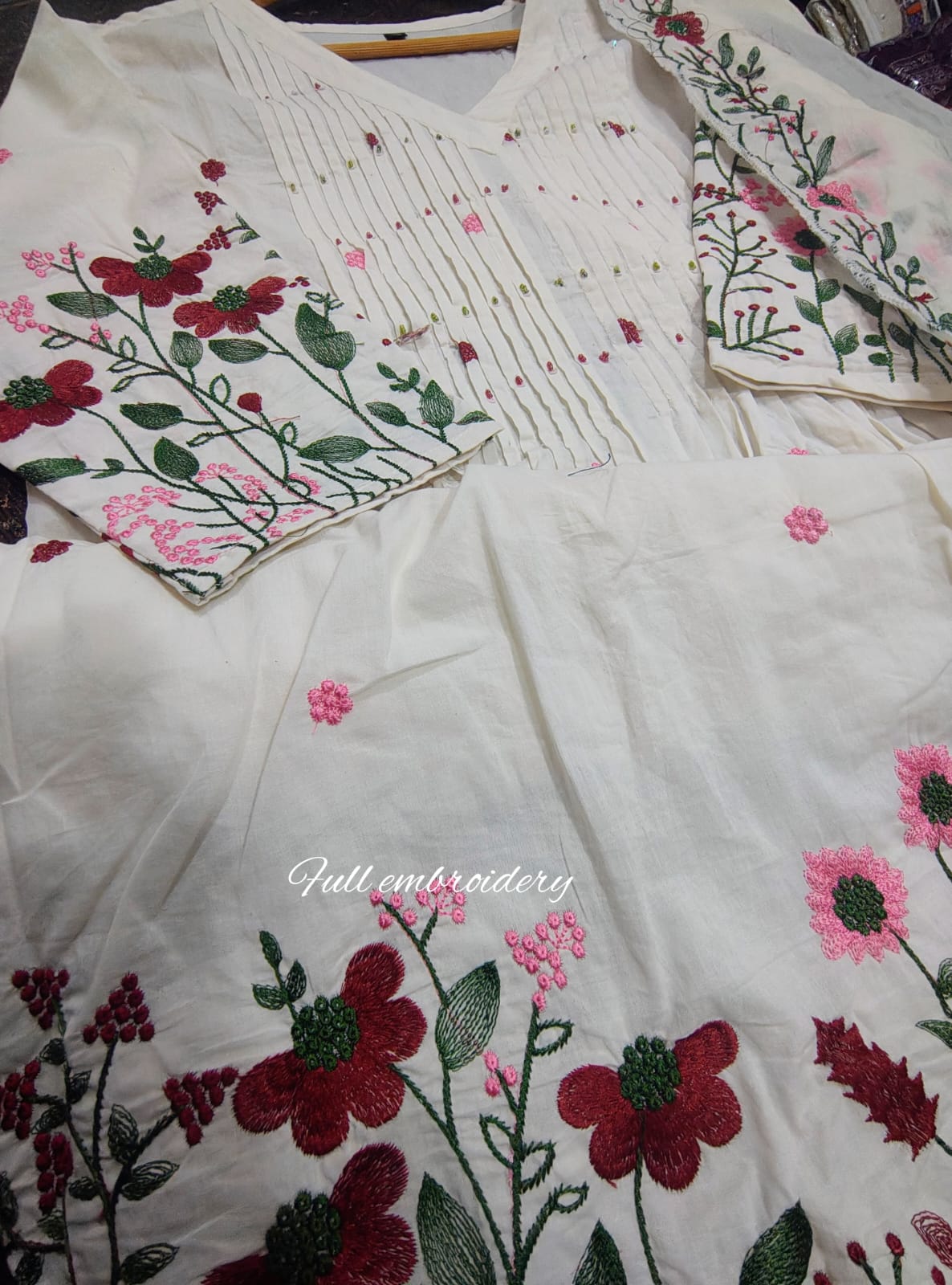 Women's Premium Pure Cotton Fla Anarkali Kurta Pant & Embroide Dupatta Set