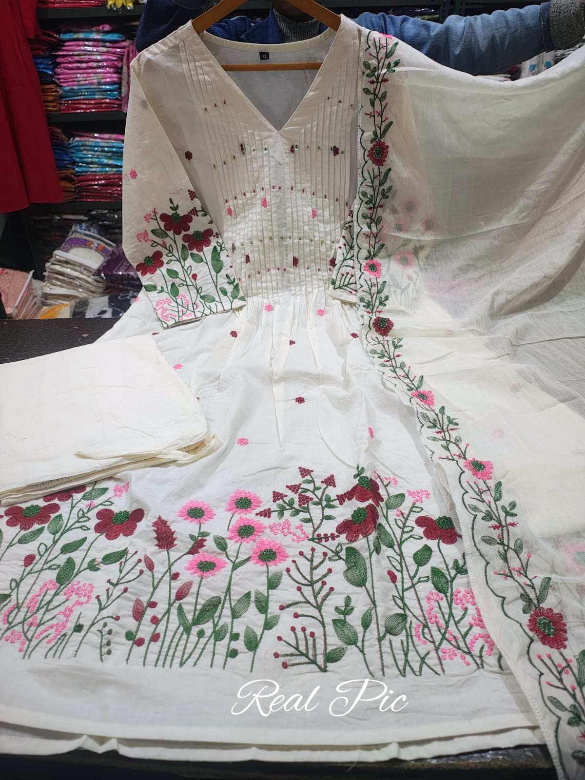 Women's Premium Pure Cotton Fla Anarkali Kurta Pant & Embroide Dupatta Set