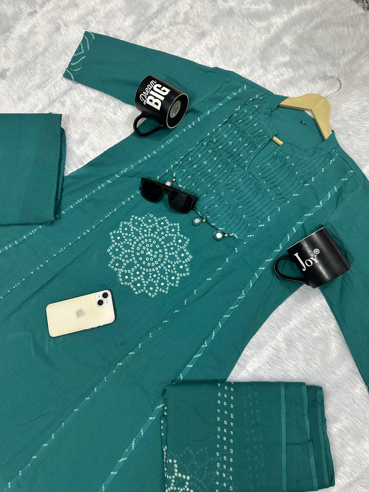 Trending Stylish A-Line Cotton Kurta Pant Dupatta Set with Pintex & Adda Work