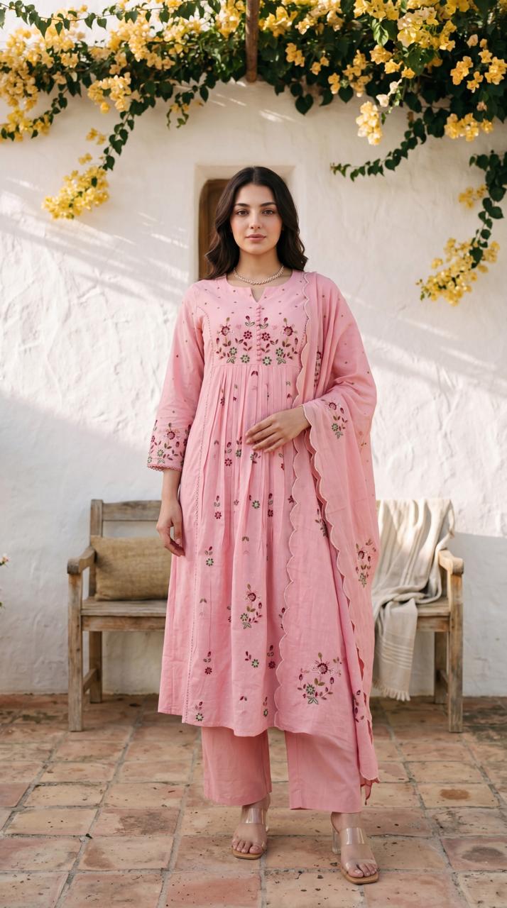 Women's Premium Cotton Embroide Kurta Pant & Dupatta Set