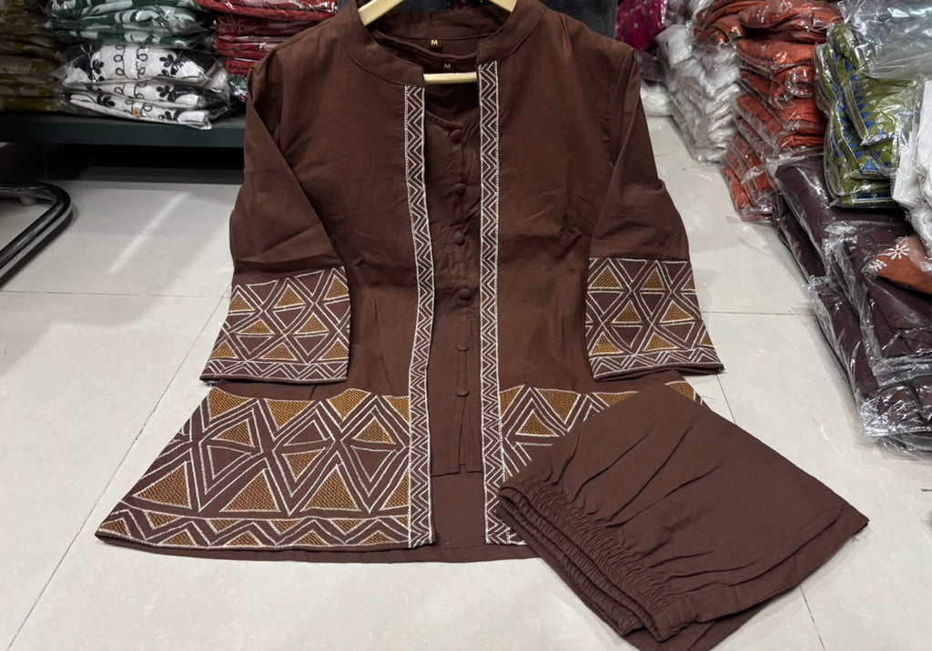 Women's Cotton Flex EmbroideBRN Jacket Style Top Inner & Trouser Co-Ord Set