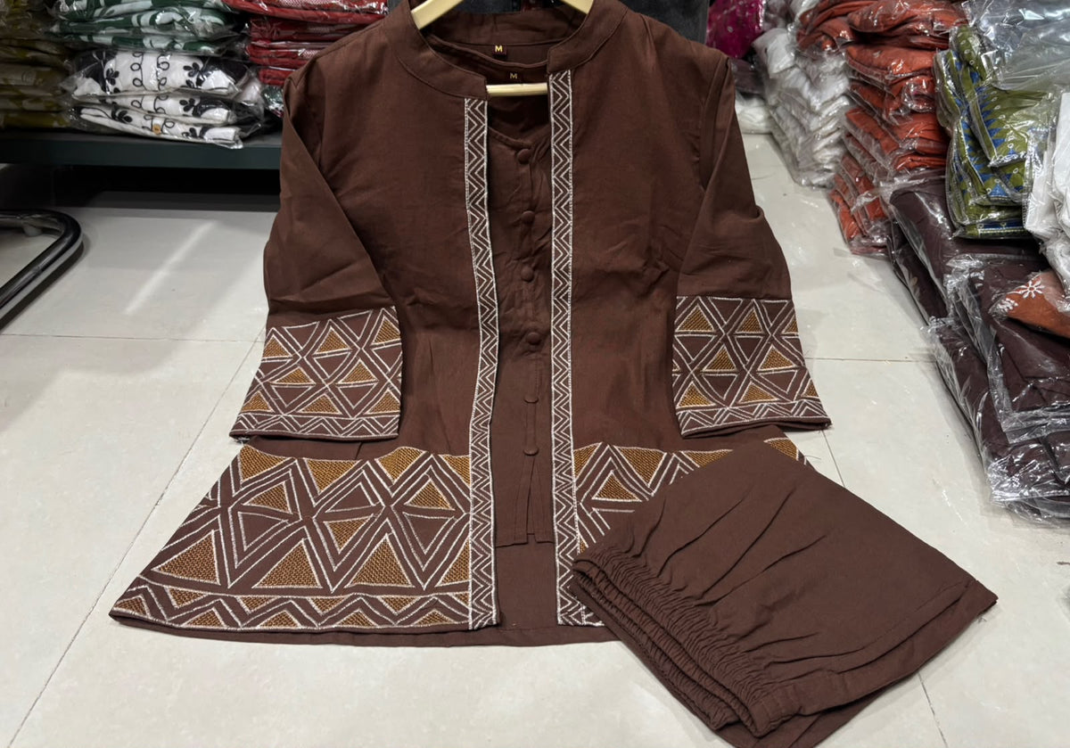 Women's Cotton Flex EmbroideBRN Jacket Style Top Inner & Trouser Co-Ord Set
