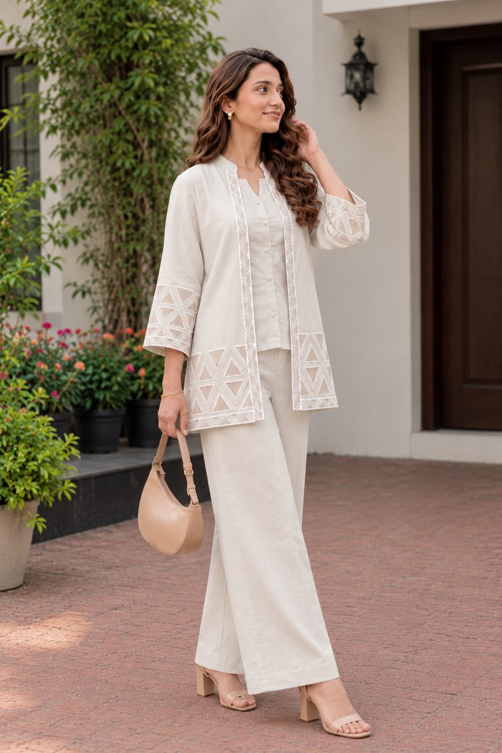 Women's Cotton Flex EmbroideWHT Jacket Style Top Inner & Trouser Co-Ord Set