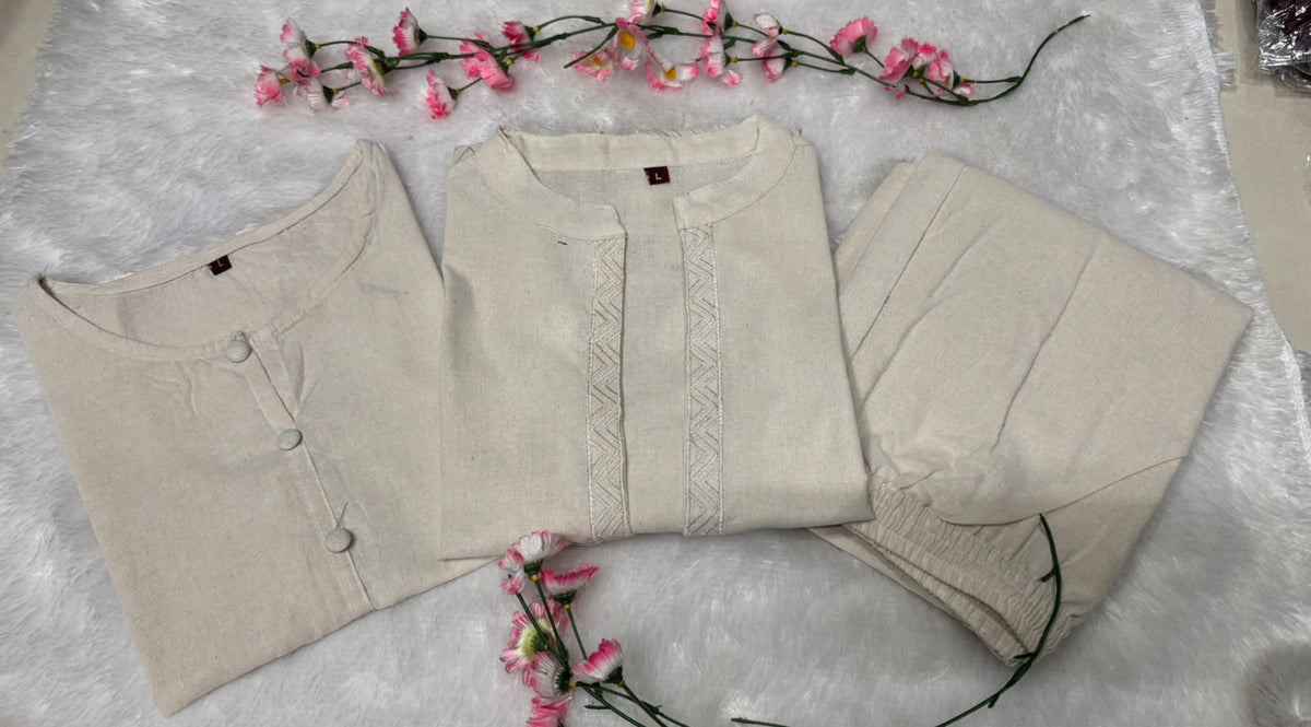 Women's Cotton Flex EmbroideWHT Jacket Style Top Inner & Trouser Co-Ord Set