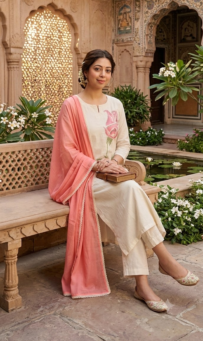 Women's Premium Katha Cotton Embroide Kurta Pant & Malmal Dupatta Set