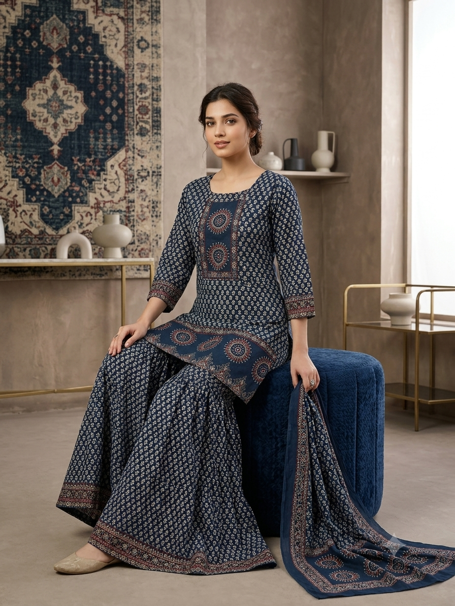 Women's Premium Cotton Printed Gopi Kurti Sharara & Malmal Dupatta Set