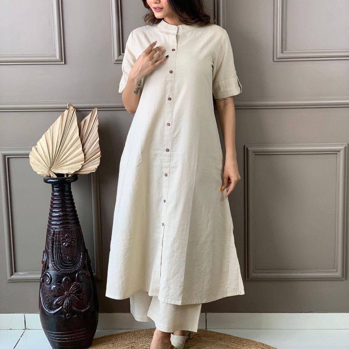 Trending A-Line Cotton Kurti Palazzo Set with Katha Work