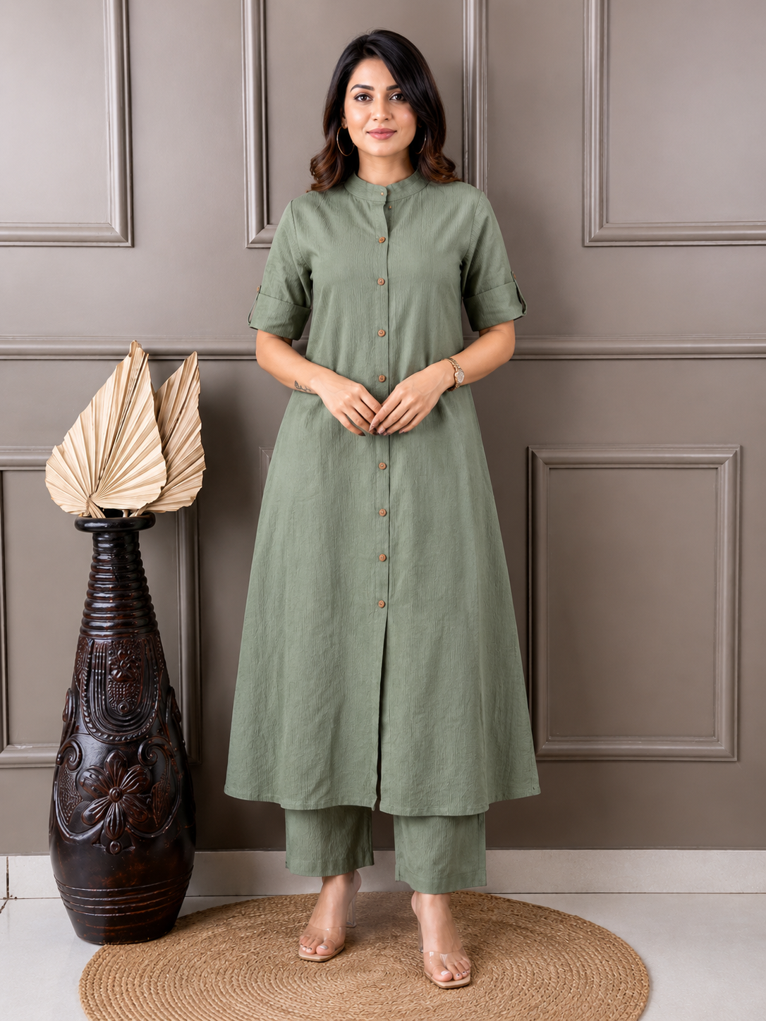 Trending A-Line Cotton Kurti Palazzo Set with Katha Work