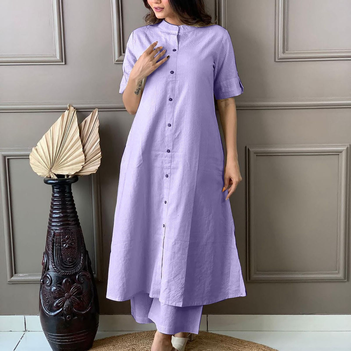 Trending A-Line Cotton Kurti Palazzo Set with Katha Work