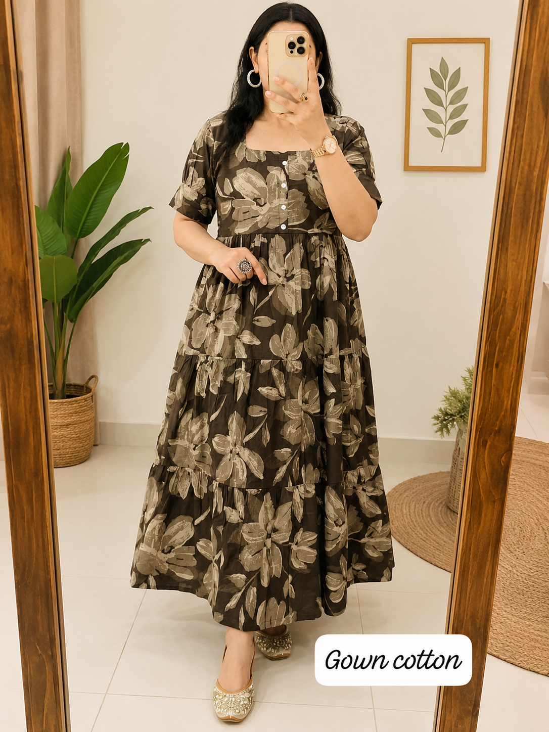 Trending Stylish Cotton Printed Square Neck Midi Dress