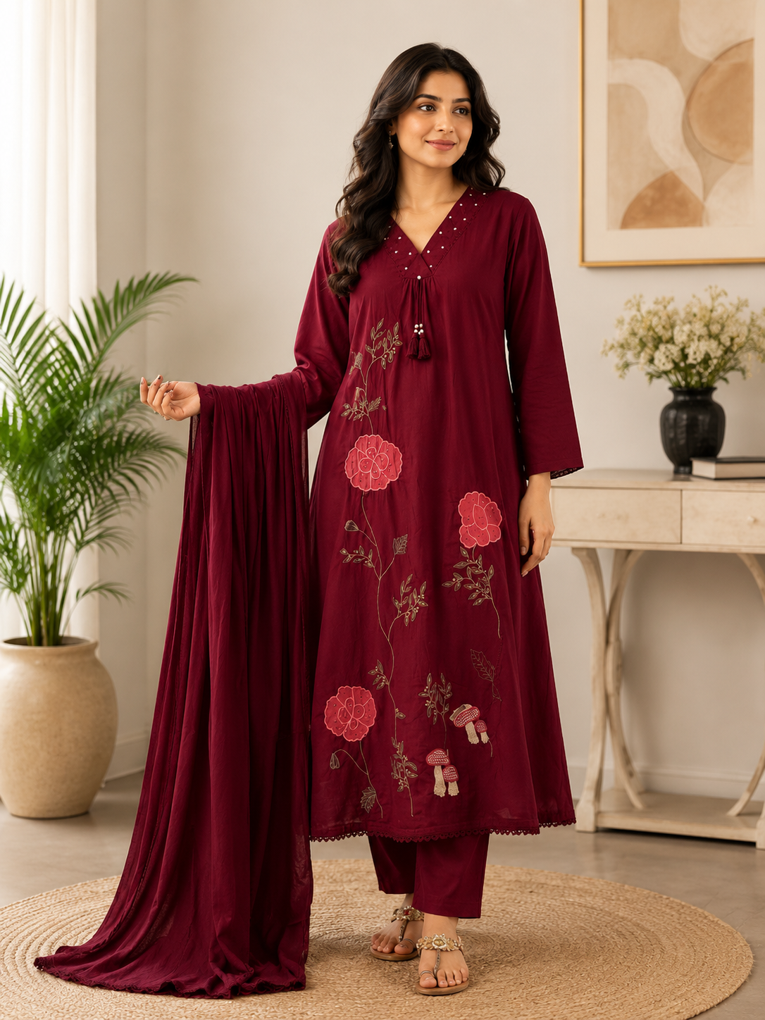 Stylish Trending Cotton Embroide A-Line Kurta Pant & Mulmul Dupatta Set
