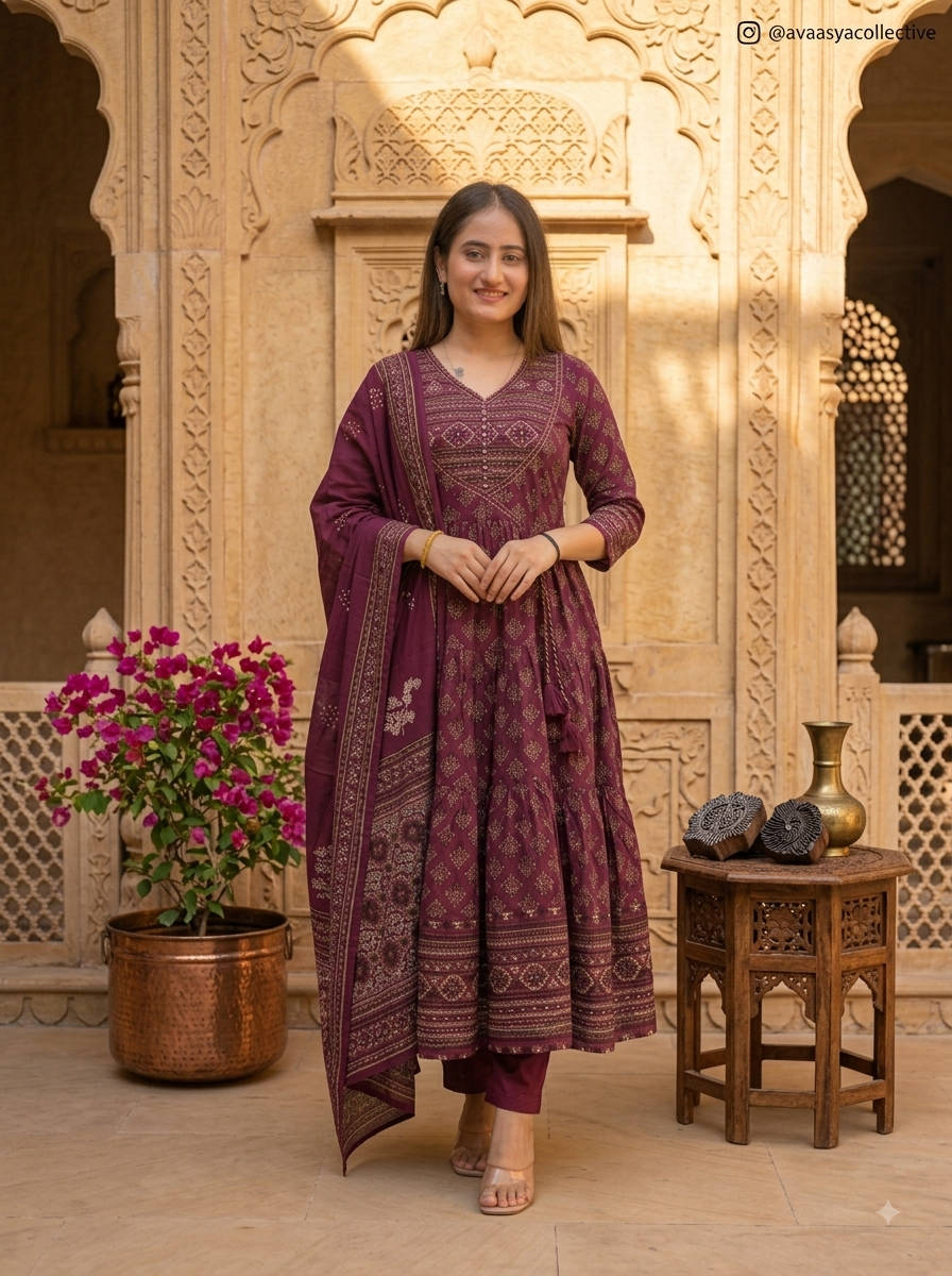 Women's Premium Cotton Sanganeri Print Fla Anarkali Kurta Pant & Dupatta Set