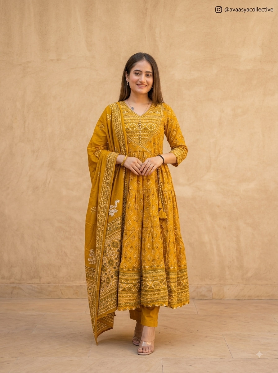 Women's Premium Cotton Sanganeri Print Fla Anarkali Kurta Pant & Dupatta Set