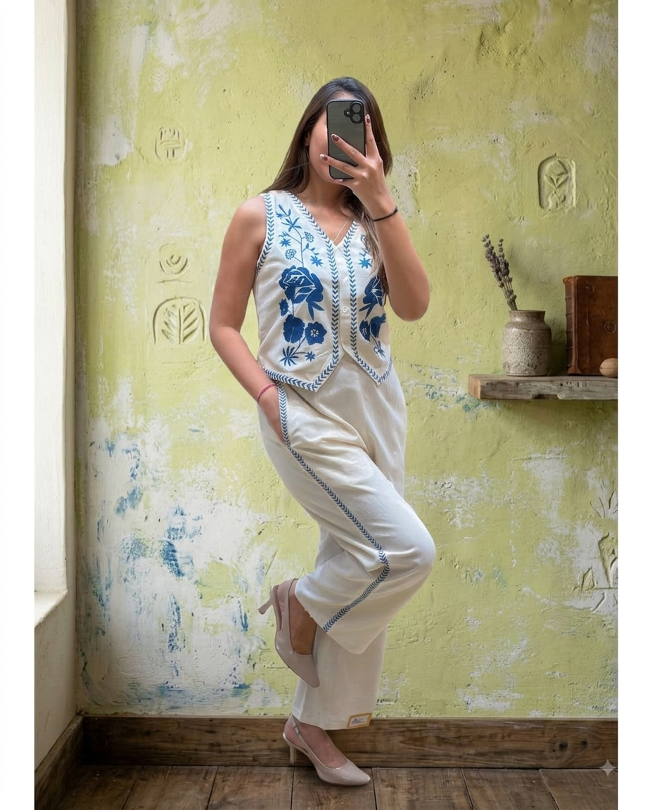 Women's Premium Cotton Flex Embroide Sleeveless Co-Ord Set