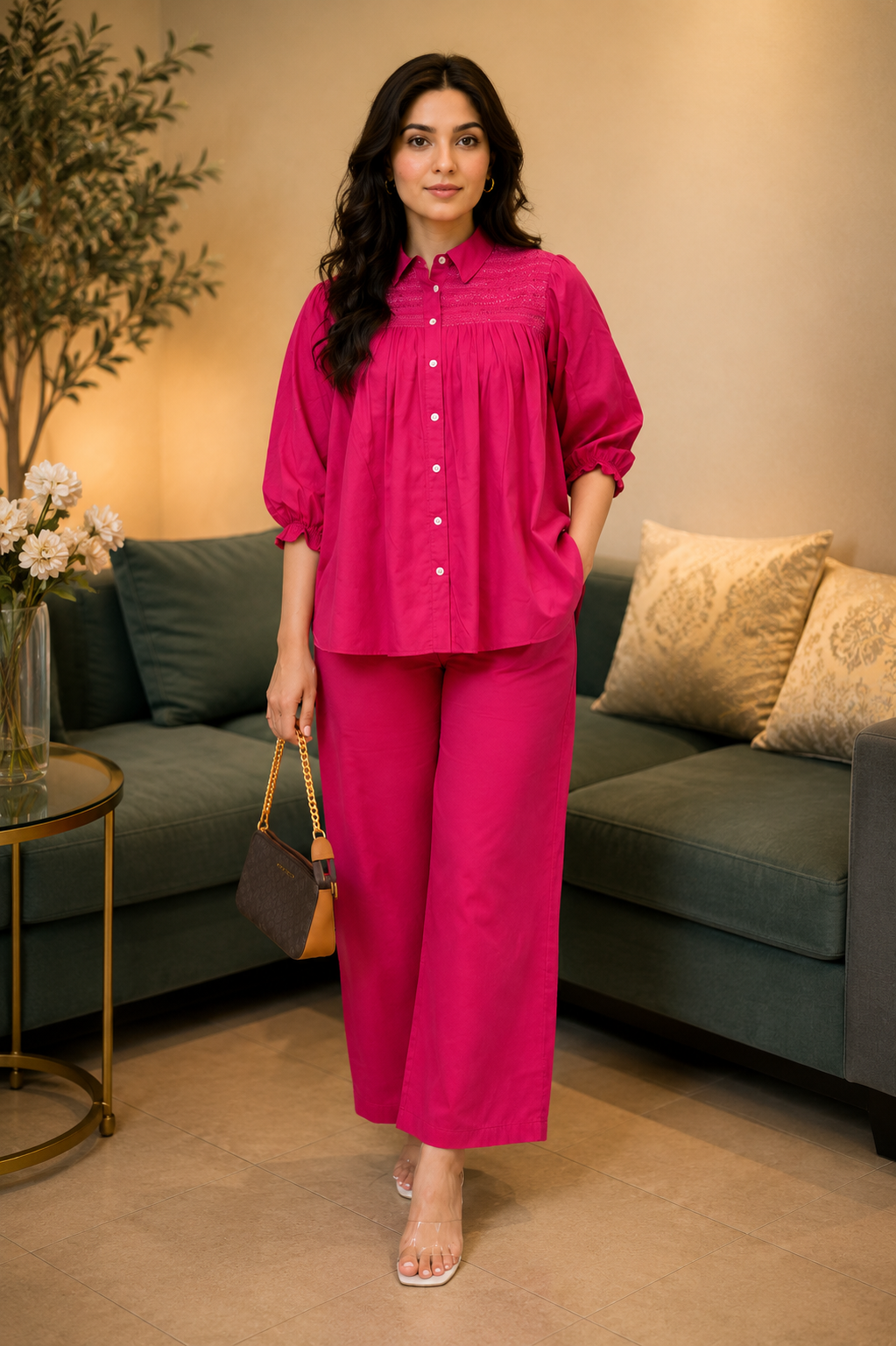 cotton co-ord set with intricate embroidery detailing and contemporary comfort