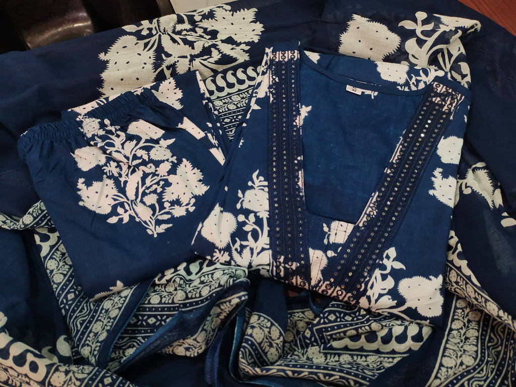 Printed Cotton Anarkali Kurti With Palazzo And Dupatta Set