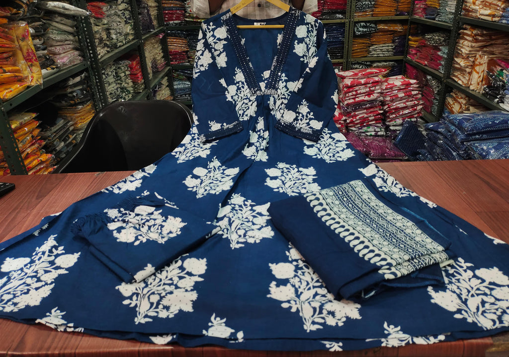 Printed Cotton Anarkali Kurti With Palazzo And Dupatta Set