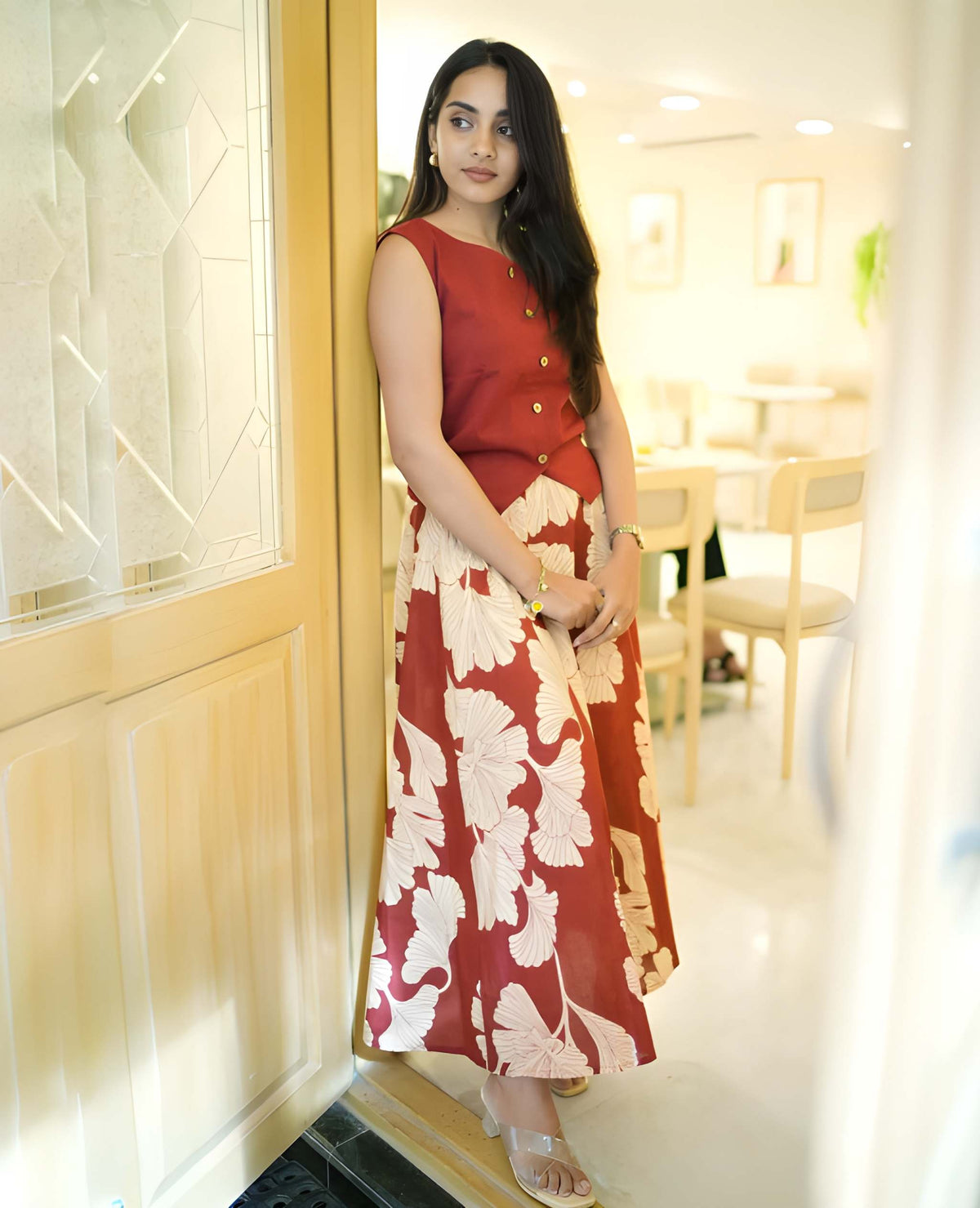 Women Stylish Cotton Co-Ord Set Sleeveless Button Detail Top with Printed Fla Skirt chic Ethnic Fusion Wear