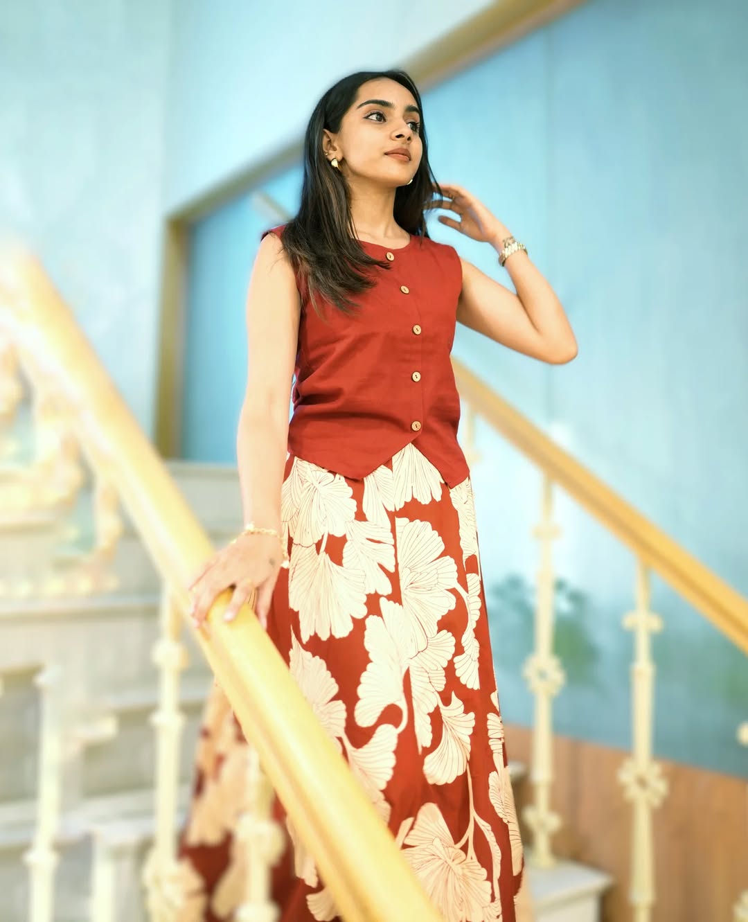 Women Stylish Cotton Co-Ord Set Sleeveless Button Detail Top with Printed Fla Skirt chic Ethnic Fusion Wear