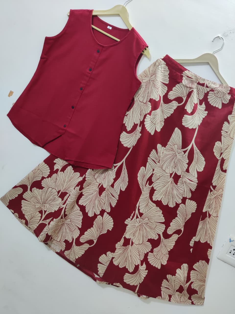 Women Stylish Cotton Co-Ord Set Sleeveless Button Detail Top with Printed Fla Skirt chic Ethnic Fusion Wear