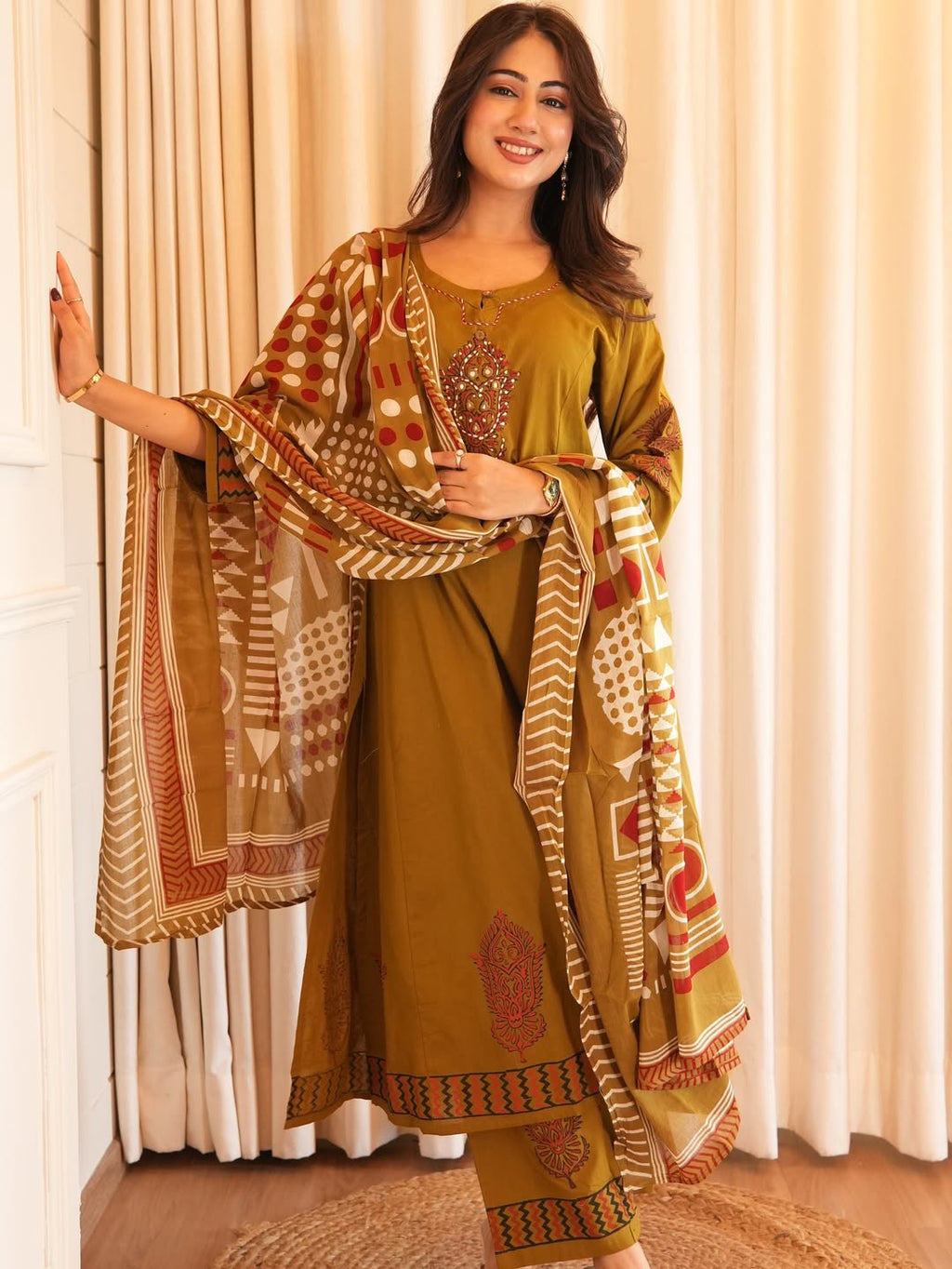 Pure Cotton A-Line Kurta Set with Handcrafted Neck Work — chic Three-Piece Ensemble with Cotton Dupatta and Pants