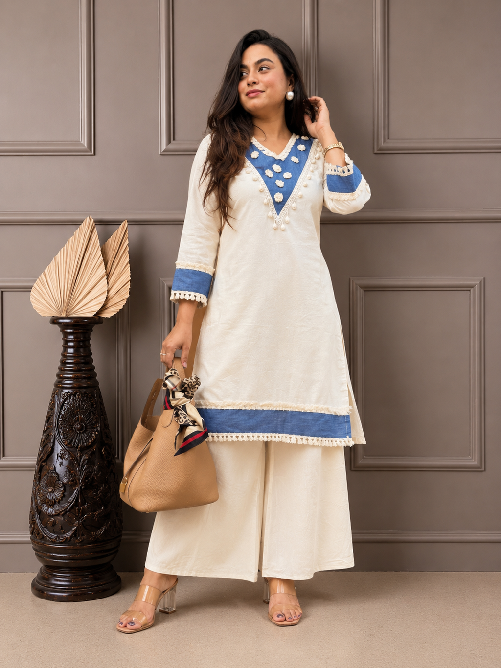 Trending Cotton Kurti Palazzo Co-Ord Set with Lace Detail