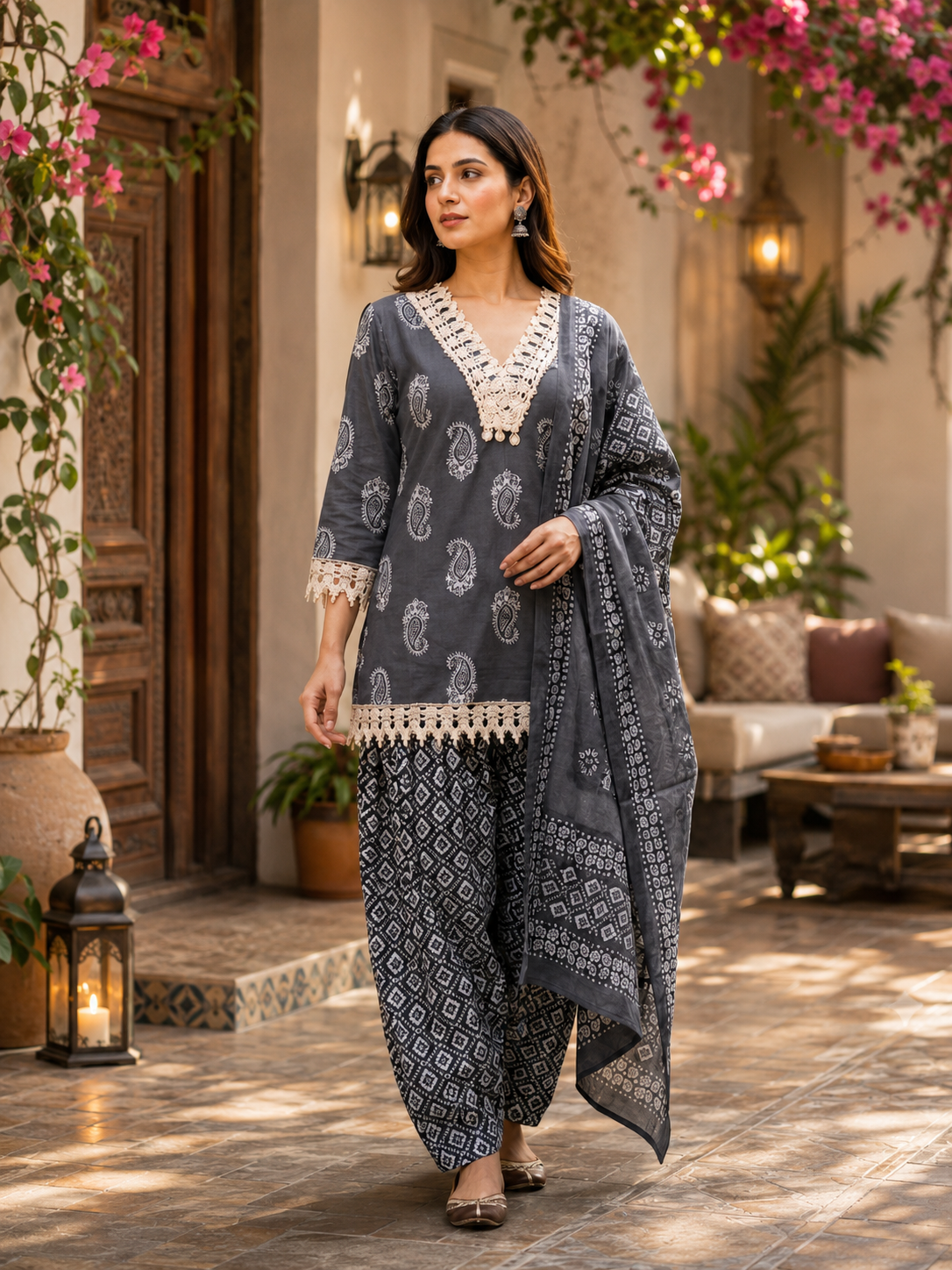 Stylish Cotton Kurta Palazzo Set with Dupatta and Lace Detailing