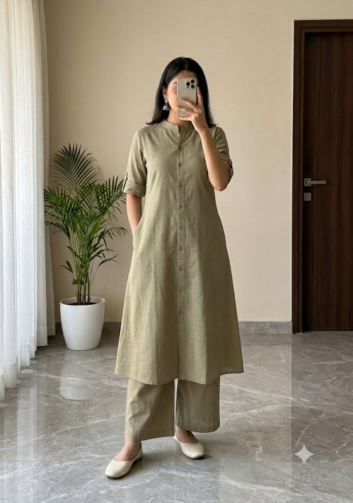 Women's A-Line Cotton Kurti Palazzo Set with Katha Work