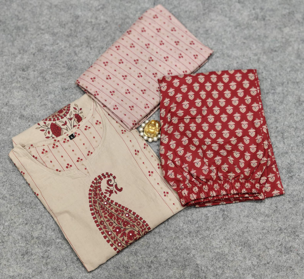 Women Printed Cotton Kurta Pant Dupatta Ethnic Set with Embroide Detailing