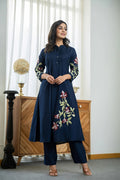 chic Pleated Cotton Kurta Set with Heavy Embroidery & Sequins | Kurti + Pant