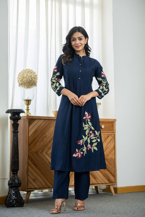 chic Pleated Cotton Kurta Set with Heavy Embroidery & Sequins | Kurti + Pant