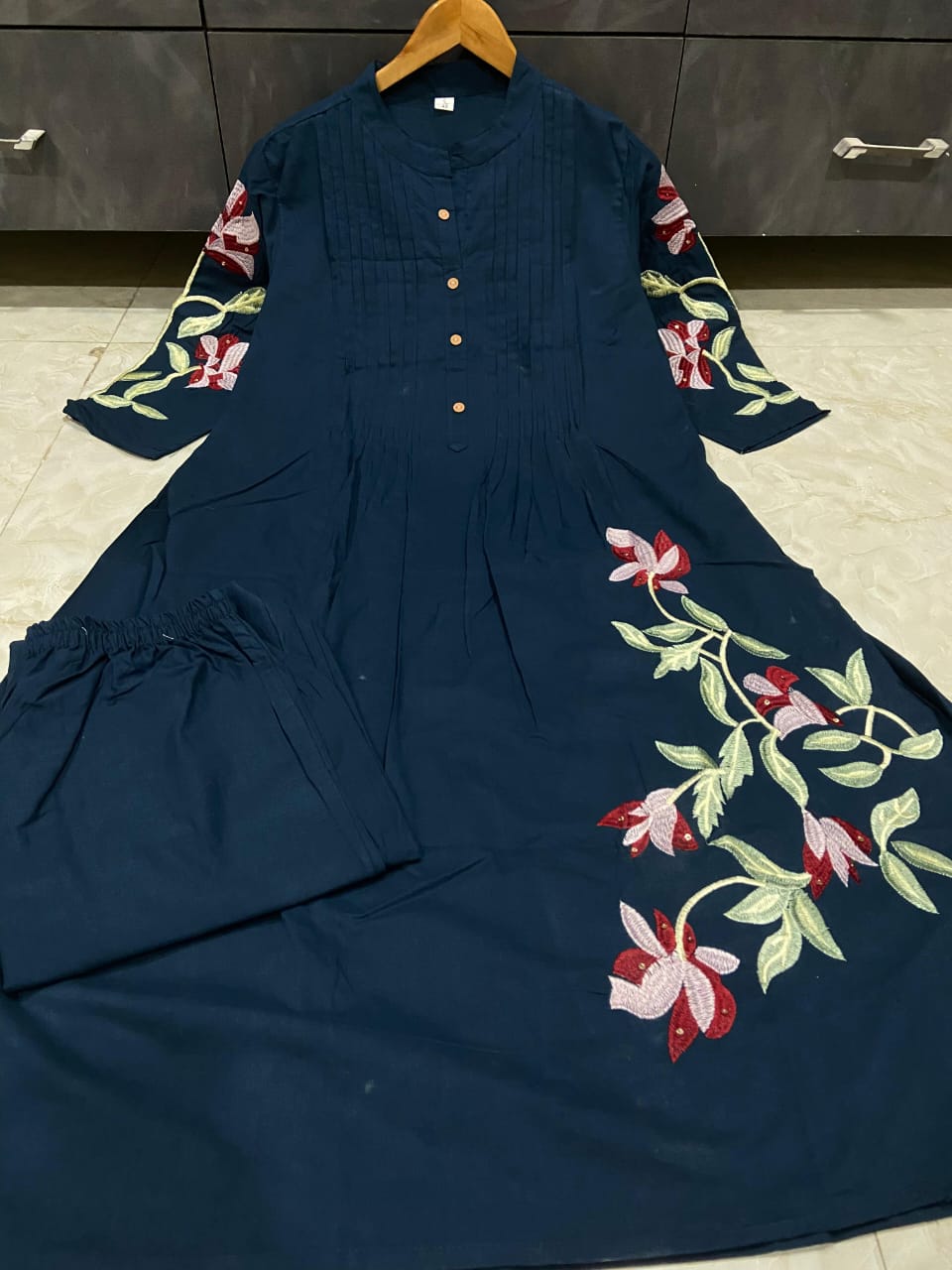 chic Pleated Cotton Kurta Set with Heavy Embroidery & Sequins | Kurti + Pant
