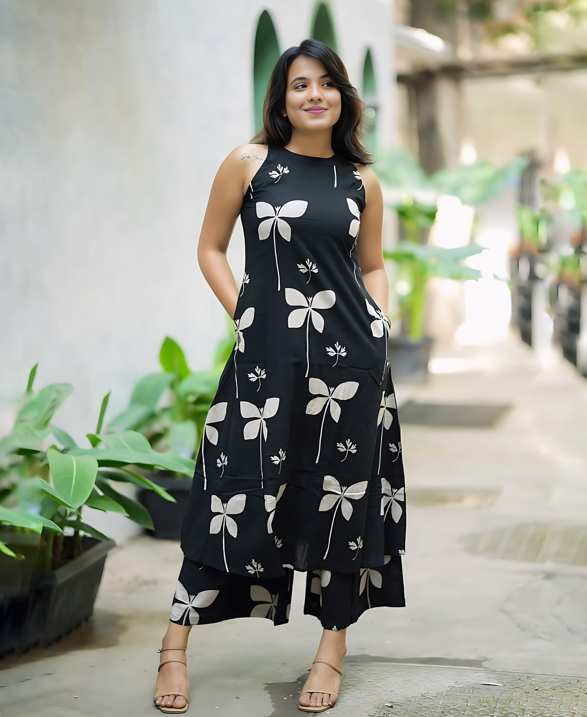 chic Printed A-Line Halter Neck Kurta Palazzo Set