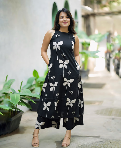 chic Printed A-Line Halter Neck Kurta Palazzo Set