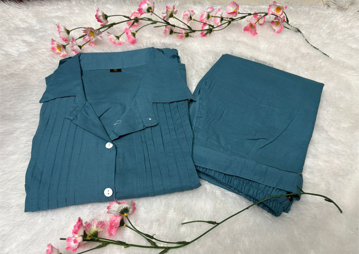 Trending Embroide Cotton Slub Co-Ord Set with Colla Top and Palazzo Pants