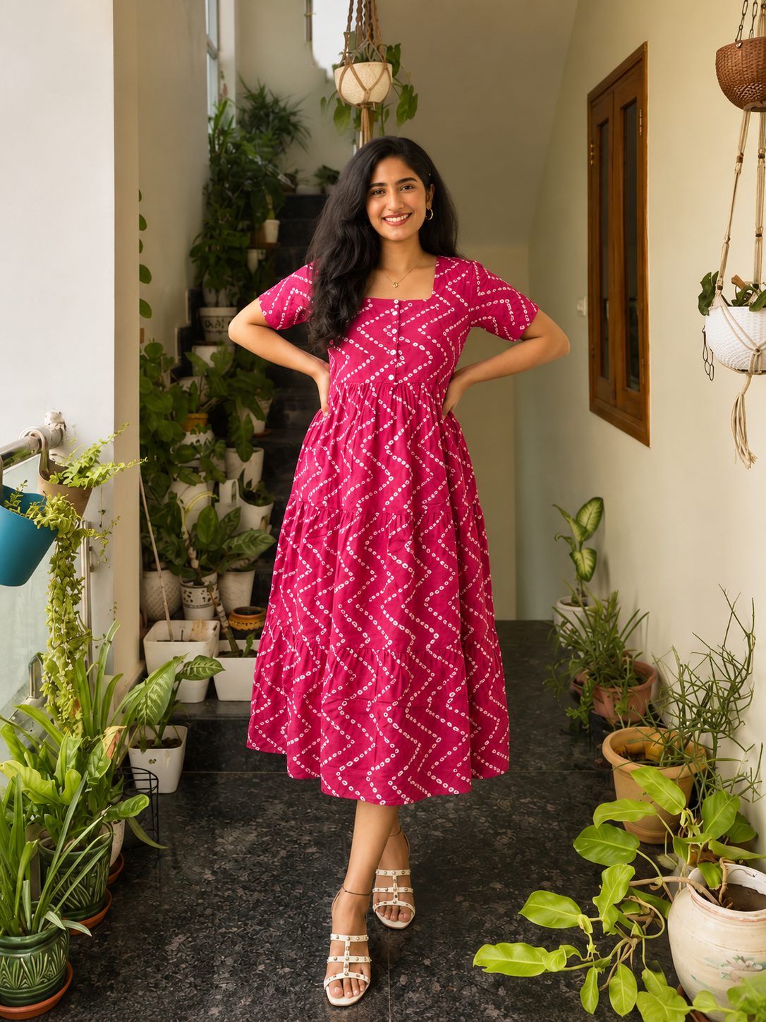 Trending Stylish Cotton Printed Square Neck Midi Dress