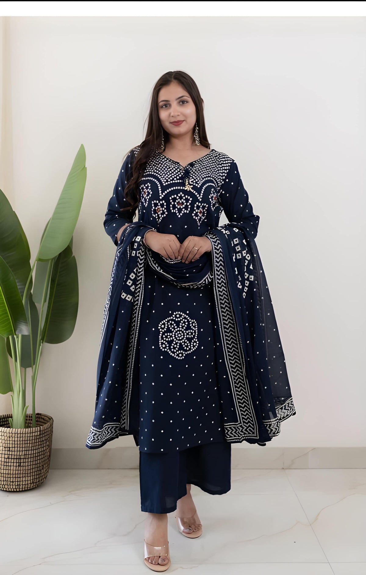 Women Stylish Cotton Bandhani Print Kurta Pant Dupatta Set with Mirror and Kodi Work