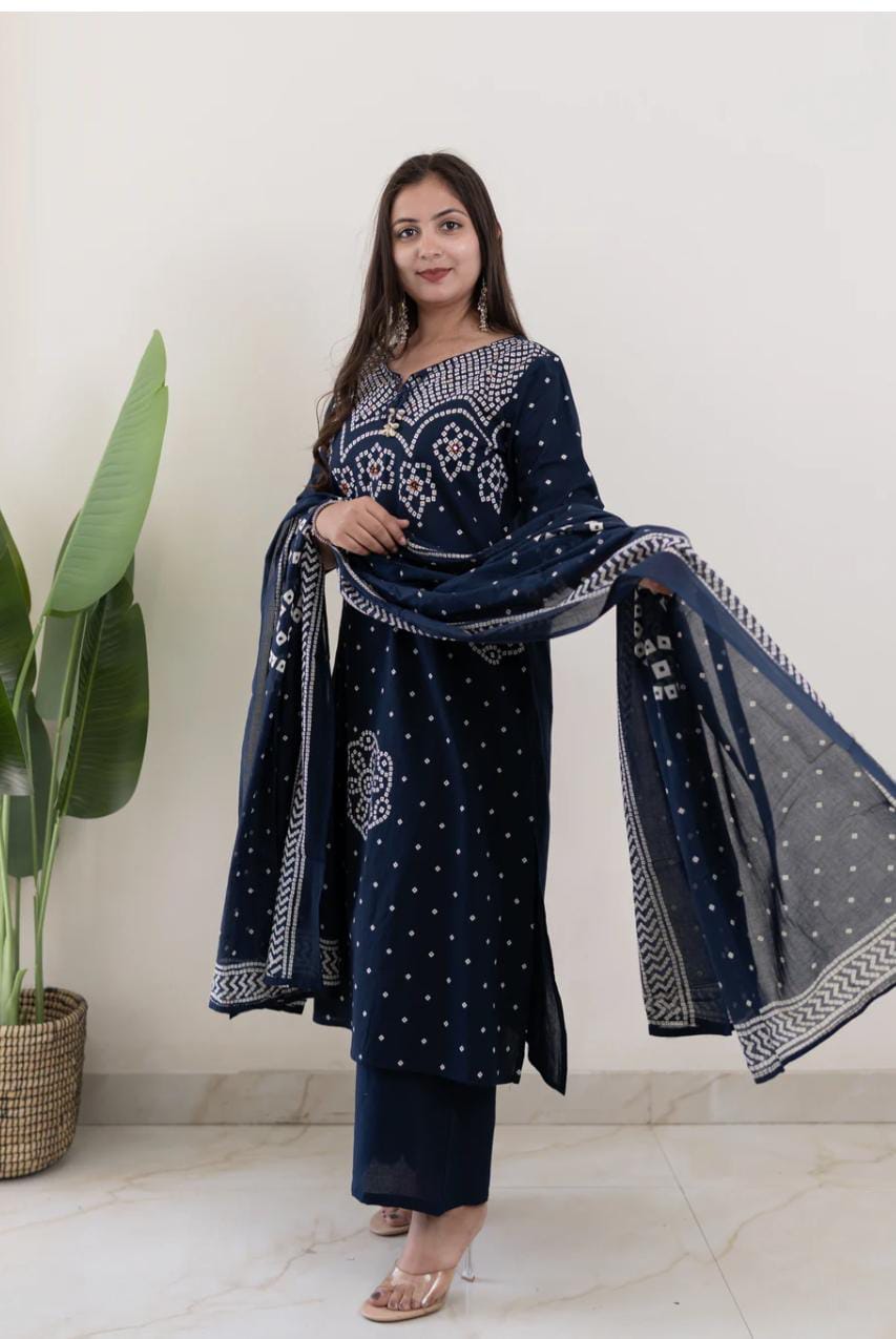 Women Stylish Cotton Bandhani Print Kurta Pant Dupatta Set with Mirror and Kodi Work