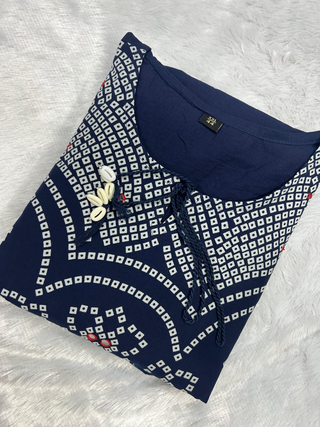 Women Stylish Cotton Bandhani Print Kurta Pant Dupatta Set with Mirror and Kodi Work
