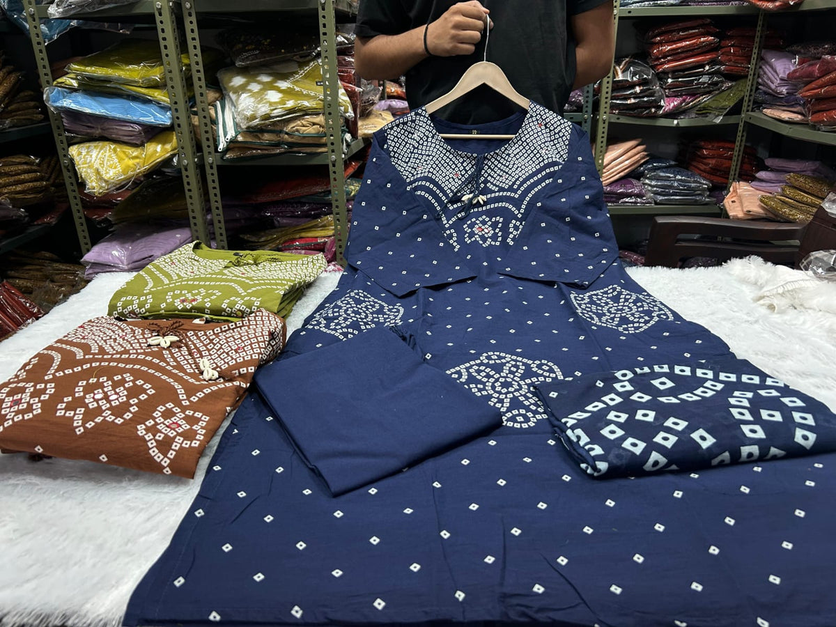 Women Stylish Cotton Bandhani Print Kurta Pant Dupatta Set with Mirror and Kodi Work