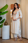 Women Stylish Khadi Cotton Kurta Set with Pants Embroide Straight Ethnic Co-Ord Set