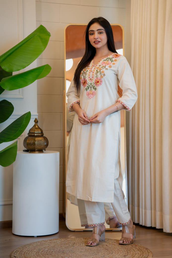 Women Stylish Khadi Cotton Kurta Set with Pants Embroide Straight Ethnic Co-Ord Set