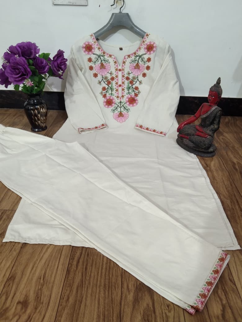 Women Stylish Khadi Cotton Kurta Set with Pants Embroide Straight Ethnic Co-Ord Set