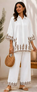 Women Stylish Cotton Co-Ord Set with Embroide Shirt Style Top and Palazzo Pants